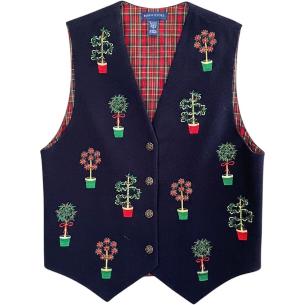 Karen Scott VTG Christmas Tree Vest L Embroidered Plaid Lined Navy Blue